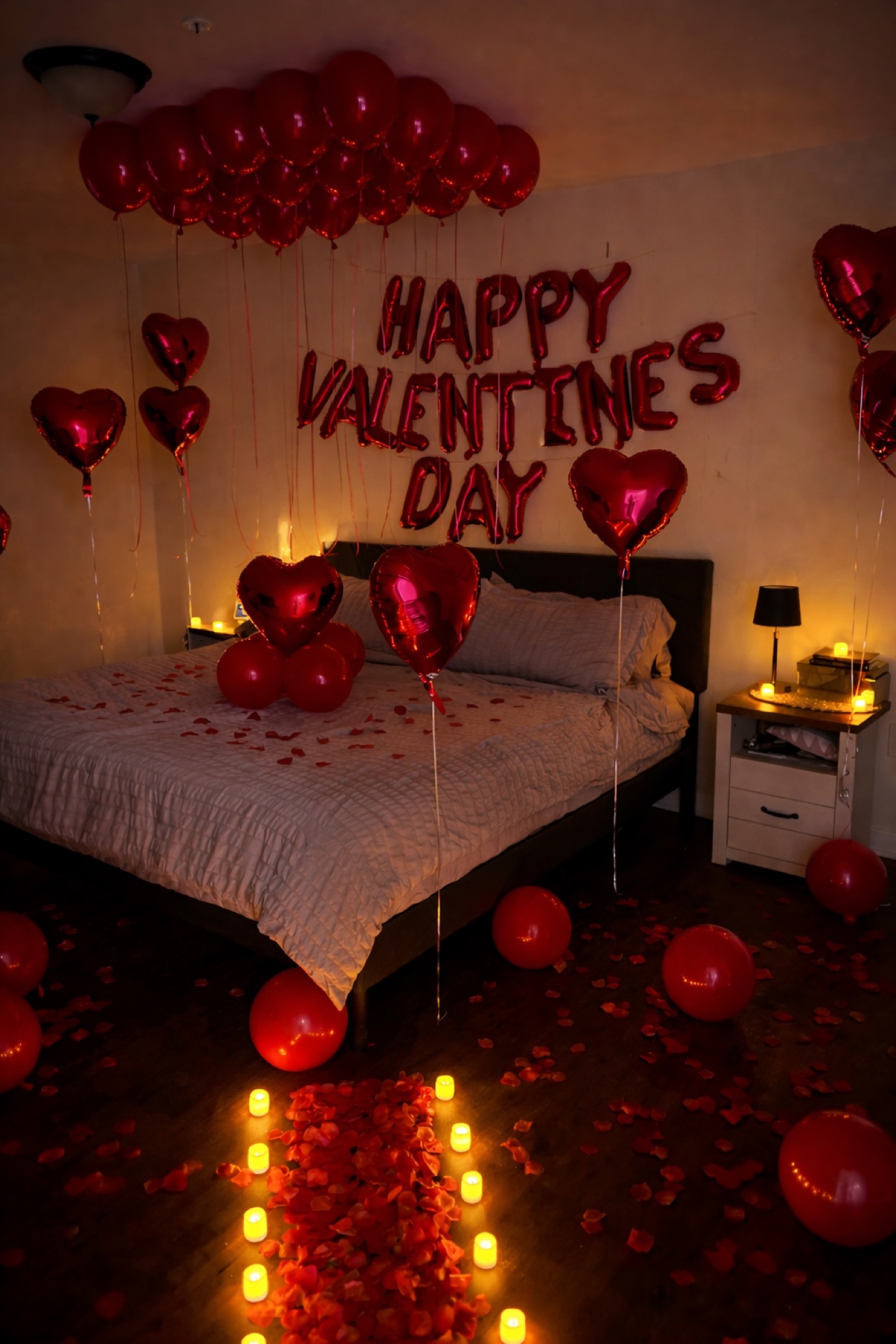 Valentine's Day romantic bedroom setup with heart balloons and rose petals.