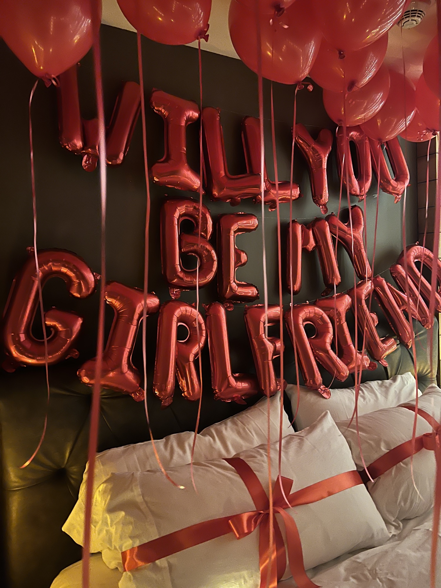 Will you be my girlfriend balloon letters, close view.